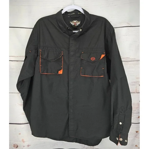 Harley Davidson Mens Large Black Orange Snap Front Utility Performance Shirt L - Picture 2 of 9